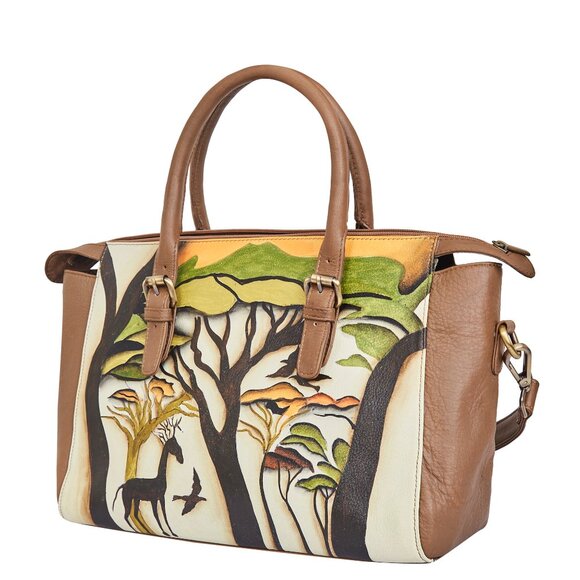 Hand Painted Leather Brown Top Handle Satchel, Shoulder Tote Bag, Crossbody Bag - Picture 8 of 9